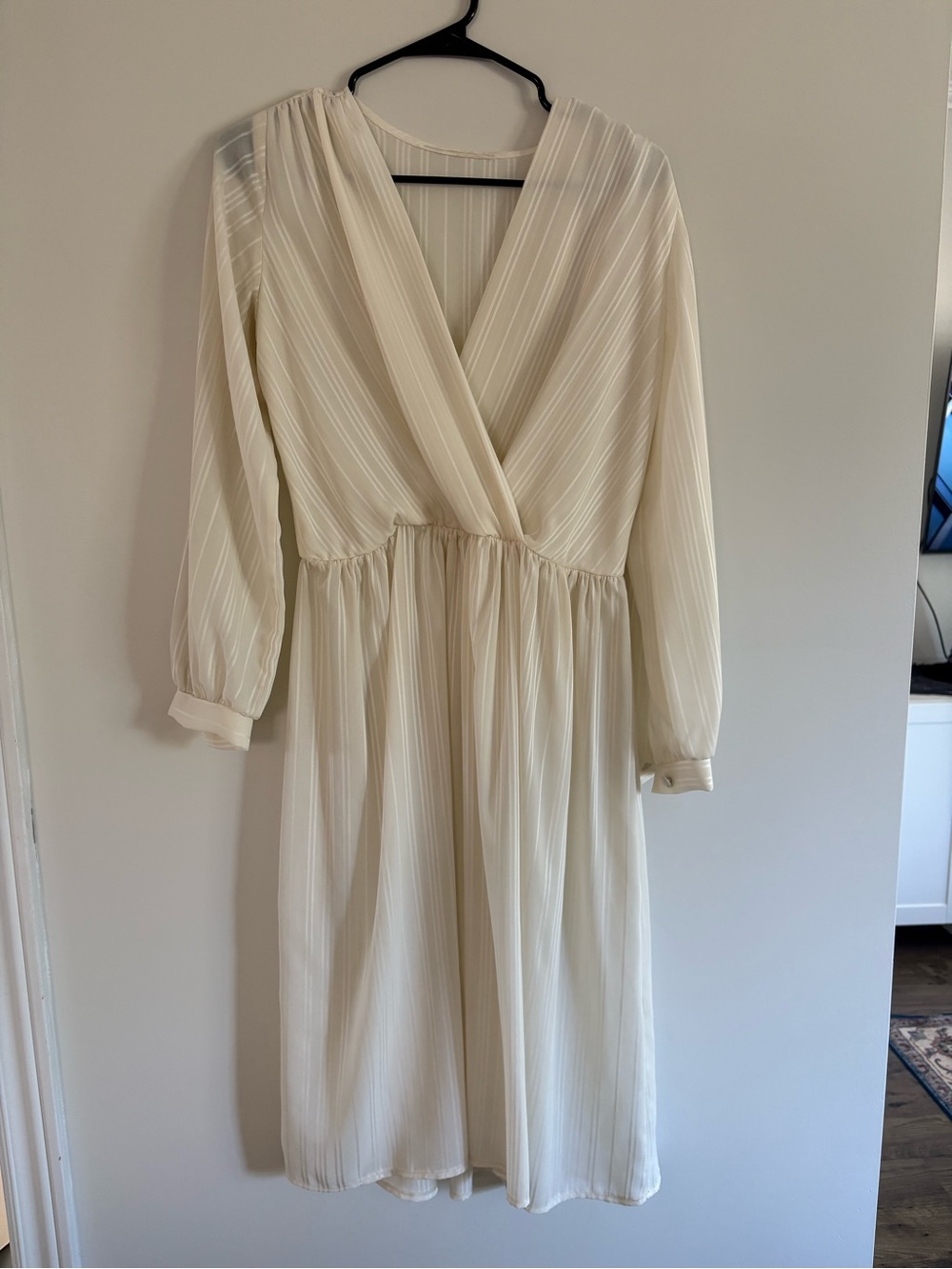 Vintage Cream Long Sleeve Faux Wrap Midi Dress